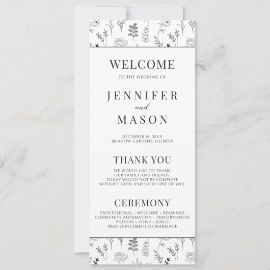 Zwart wit bloemeneenvoudige trouwprogrammakaart (Voorkant)