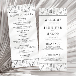 Zwart wit bloemeneenvoudige trouwprogrammakaart