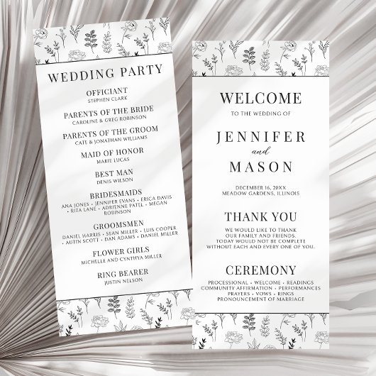 Zwart wit bloemeneenvoudige trouwprogrammakaart