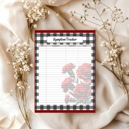 Zwart-wit bloemengingham_ Symptom Tracker Notitieblok