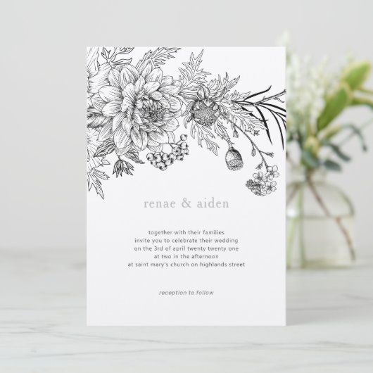 Zwart-wit bloemenillustratie bruiloft kaart (Staand voorkant)