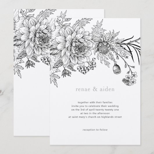 Zwart-wit bloemenillustratie bruiloft kaart (Voorkant / Achterkant)