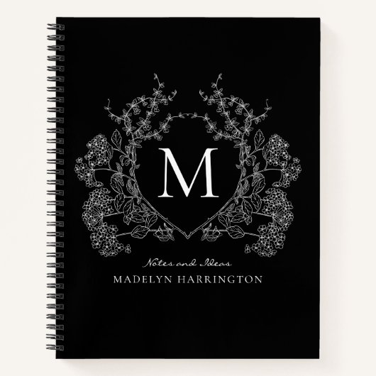  zwart wit bloemenkam Monogram Journal Notitieboek (Voorkant)