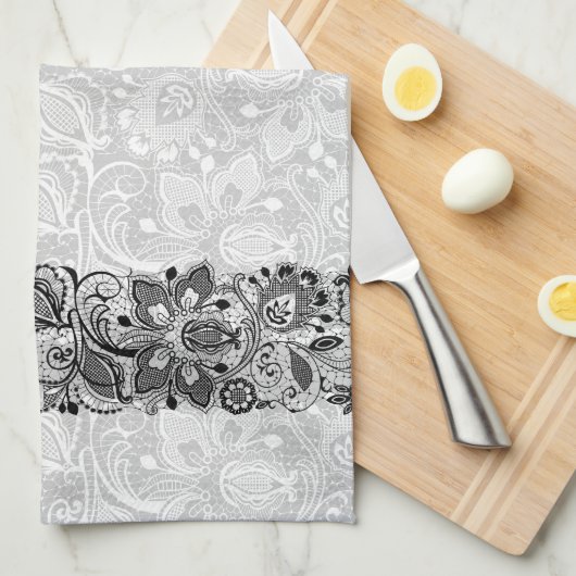 Zwart-wit  bloemenkant monogram theedoek (Quarter Fold)