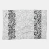 Zwart-wit  bloemenkant monogram theedoek (Horizontaal)