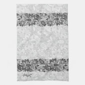 Zwart-wit  bloemenkant monogram theedoek (Verticaal)