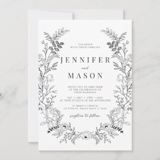 Zwart wit bloemenkrans boho bruiloft uitnodiging (Voorkant)