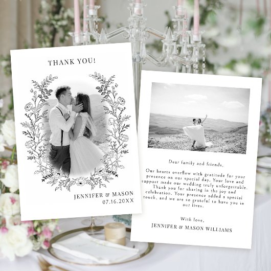 Zwart wit bloemenkrans boho chic bruiloft Foto Bedankkaart