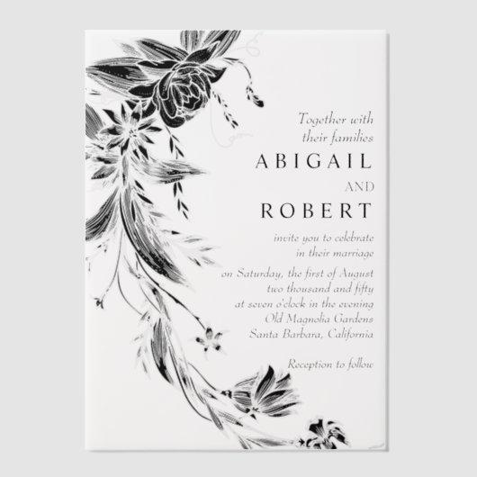 Zwart-wit bloemenkrans bruiloft vellum uitnodigingen (Voorkant)