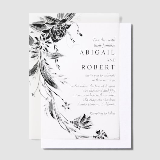 Zwart-wit bloemenkrans bruiloft vellum uitnodigingen (Offset)