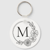 Zwart-wit bloemenkrans monogram sleutelhanger (Voorkant)
