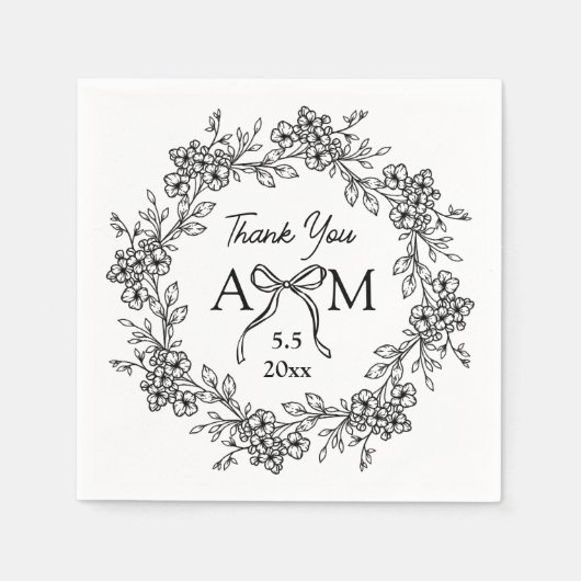 Zwart-wit bloemenkranstouw monogram bruiloft servet (Voorkant)