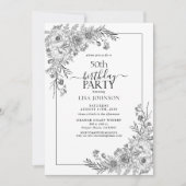 Zwart Wit Bloemenlijn Art 50e Verjaardag Kaart (Voorkant)