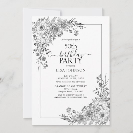  Zwart Wit Bloemenlijn Art 50e Verjaardag Kaart (Voorkant)