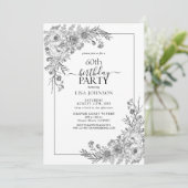 Zwart Wit Bloemenlijn Art 60e Verjaardag Kaart (Staand voorkant)