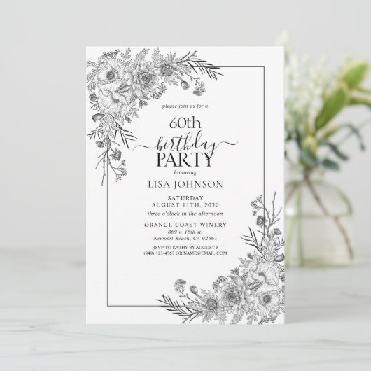 Zwart Wit Bloemenlijn Art 60e Verjaardag Kaart (Staand voorkant)