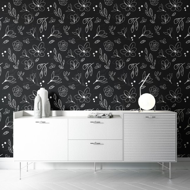 Zwart wit bloemenpatroon botanische donkere bloeme behang (Black and white floral patter peel and stick wall paper by Lorena Depante.)
