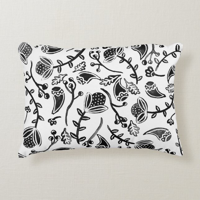 Zwart-wit bloemenpatroon in boslandschapstijl accent kussen (Voorkant)