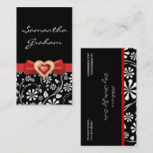 Zwart wit bloemenpatroon met rode strik en juweel visitekaartje (Voorkant / Achterkant)