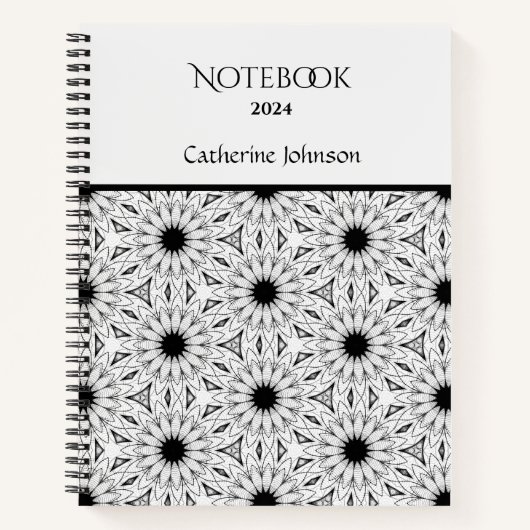 Zwart-wit bloemenpatroon Notitieboek (Voorkant)
