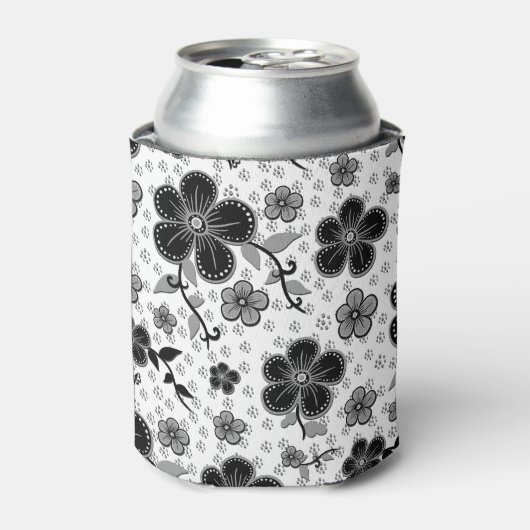 Zwart-wit bloemenprint blikjeskoeler (Blikje Voorkant)