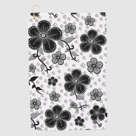 Zwart-wit bloemenprint golfhanddoek (Voorkant)