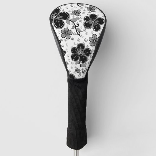 Zwart-wit bloemenprint golfheadcover (Voorkant)