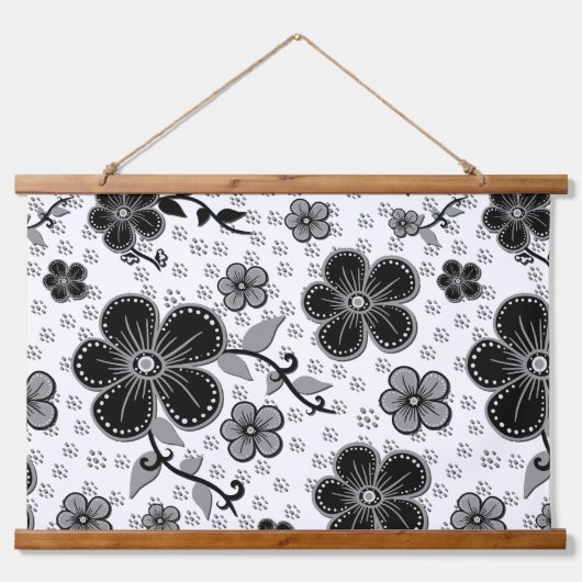 Zwart-wit bloemenprint hangend wandkleed (Voorkant)