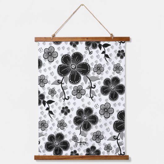 Zwart-wit bloemenprint hangend wandkleed (Voorkant)