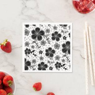 Zwart-wit bloemenprint servet