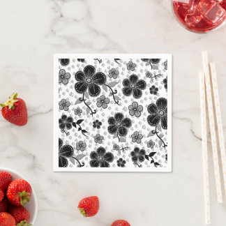 Zwart-wit bloemenprint servet