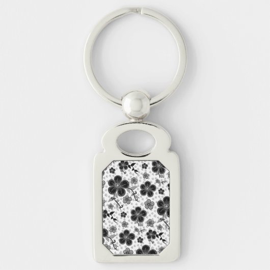 Zwart-wit bloemenprint sleutelhanger (Voorkant)