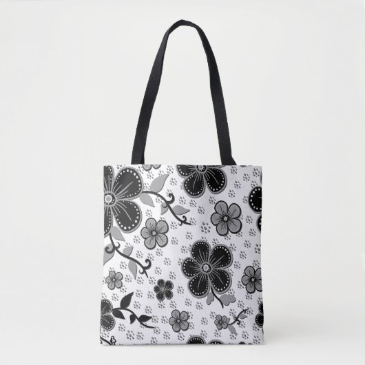 Zwart-wit bloemenprint tote bag (Voorkant)