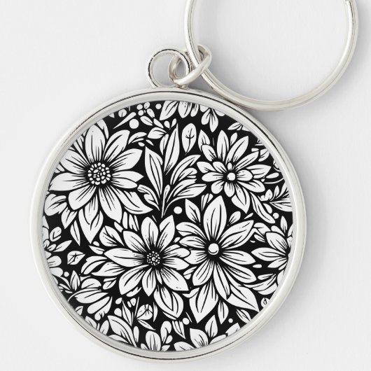 zwart-wit bloemensleutelhanger sleutelhanger (Voorkant)