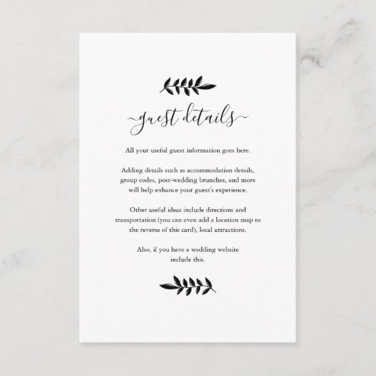 Zwart-wit bloemenslinger Huwelijksdetails Informatiekaartje (Voorkant)