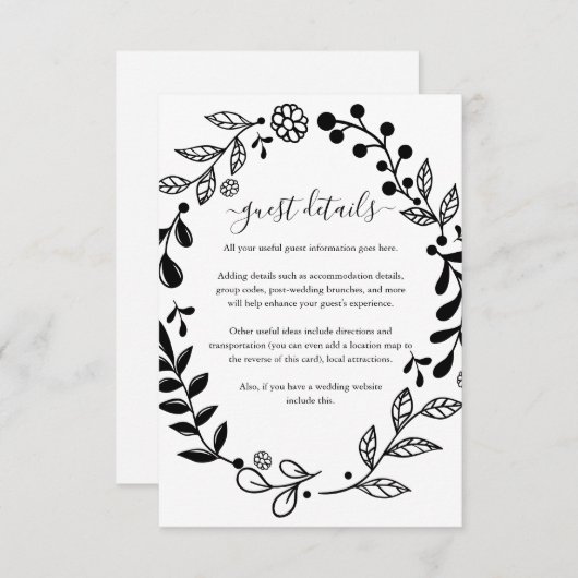Zwart-wit bloemenslinger Huwelijksdetails Informatiekaartje (Voorkant / Achterkant)