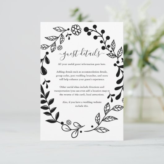Zwart-wit bloemenslinger Huwelijksdetails Informatiekaartje (Staand voorkant)