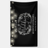 Zwart-Wit Bloemenslinger Lichtjes Bruiloft Spandoek (Verticaal)