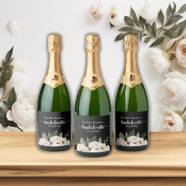 Zwart-wit bloemenvrijgezellenfeest sparkling wijnetiket