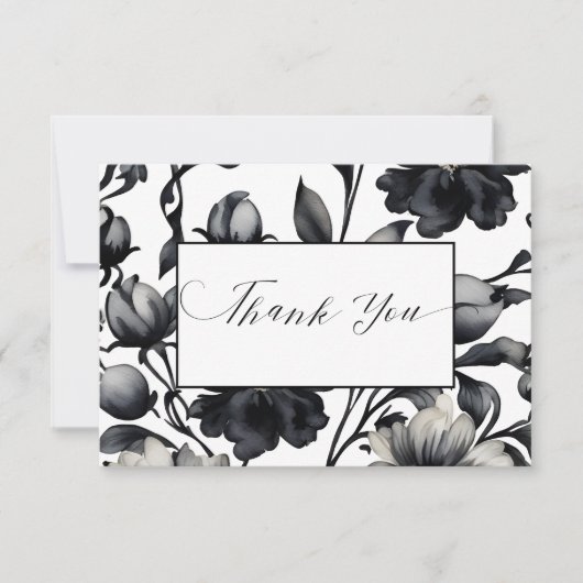 Zwart-wit bloemetjes sierlijke bruiloft bedankkaart (Voorkant)