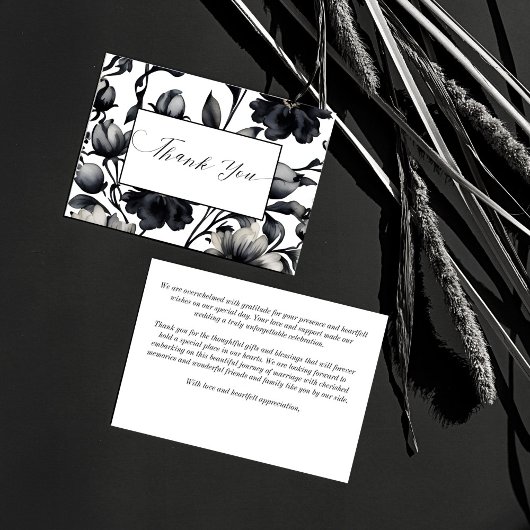 Zwart-wit  bloemetjes sierlijke bruiloft bedankkaart