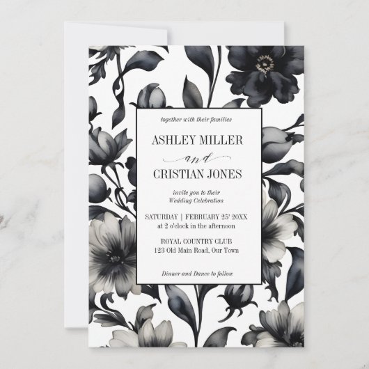 Zwart-wit  bloemetjes sierlijke bruiloft kaart (Voorkant)