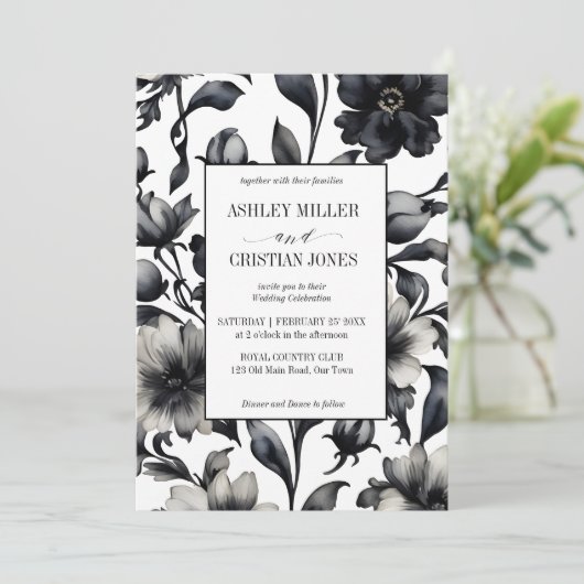 Zwart-wit  bloemetjes sierlijke bruiloft kaart (Staand voorkant)