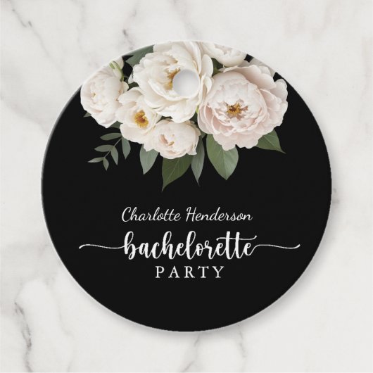 Zwart-Wit Bloemig Bruidsfeest Bedankjes Labels (Voorkant)