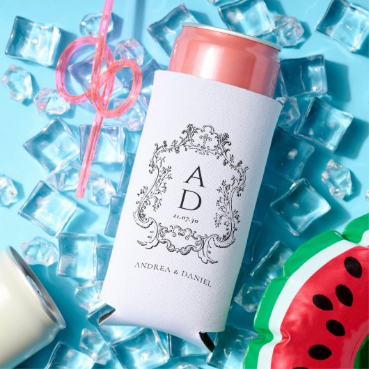 Zwart-wit bloemig bruiloftsmonogram  seltzer blikjeskoeler (Insitu Zomer)