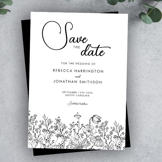 Zwart Wit Bloemig Elegant Trouwen Bewaar de Datum Save The Date