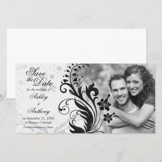 Zwart-wit bloemig foto-huwelijk 'Save the Date' Save The Date (Voorkant / Achterkant)