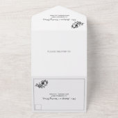 Zwart-wit bloemig lijst, initialen bruiloft all in one uitnodiging (Buitenkant)