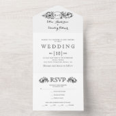 Zwart-wit bloemig lijst, initialen bruiloft all in one uitnodiging (Binnen)