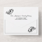 Zwart-wit bloemig lijst, initialen bruiloft all in one uitnodiging (Achterkant)